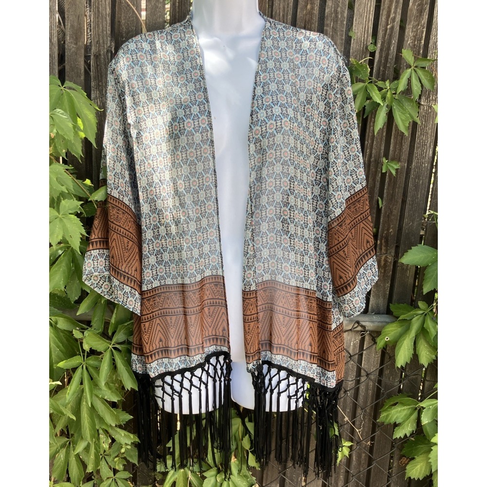 VTG‎ Wrangler Open Front Long Cardigan Shawl Med Western Boho Fringe USA 90s